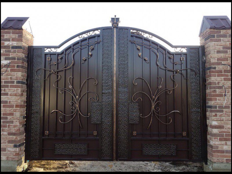 Кованые ворота, фото видов: с калиткой, откатные и распашные, с профнастилом, с виноградной лозой и другими элементами, художественная горячая и холодная ковка