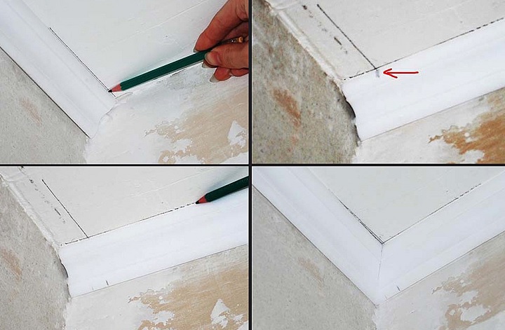 Как клеить плинтусы на потолок в углах